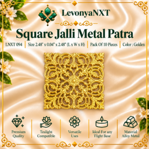 LNXT 094 Square Jalli Metal Patra 2.48 inch square filigree cutwork gold tealight base plate pack of 10 pieces