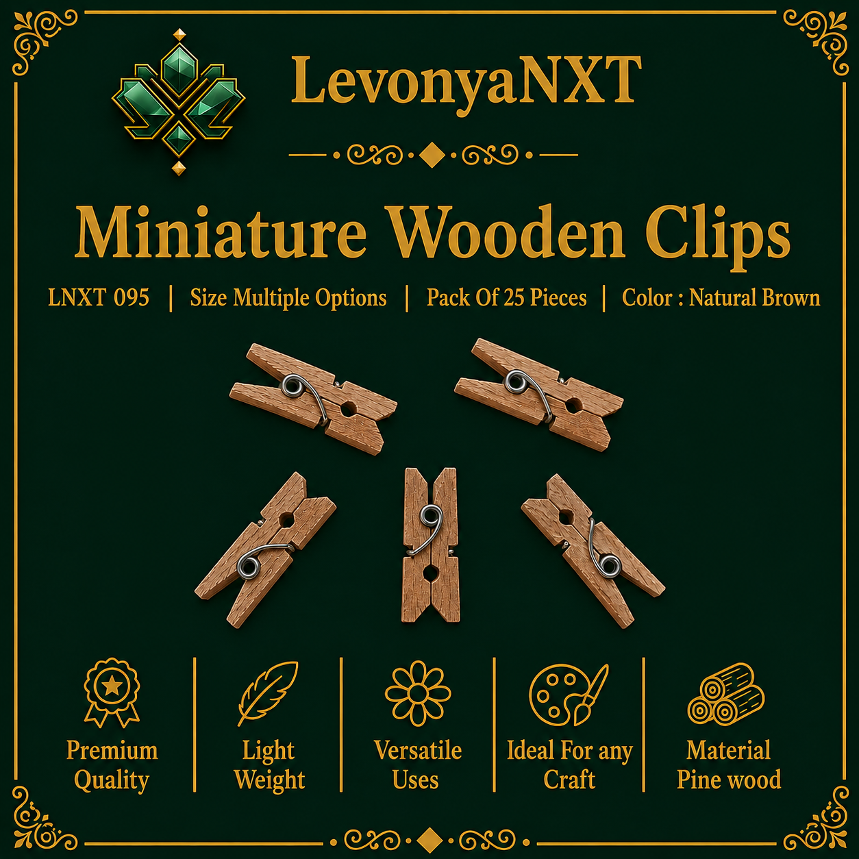 Title – LNXT 095 Miniature Wooden Clips | Crafts and Resin | Pack of 25 Pieces | Natural Brown 1 LevonyaNXT LNXT 095 Miniature Wooden Clips in natural brown pine wood with steel springs pack of 25 pieces
