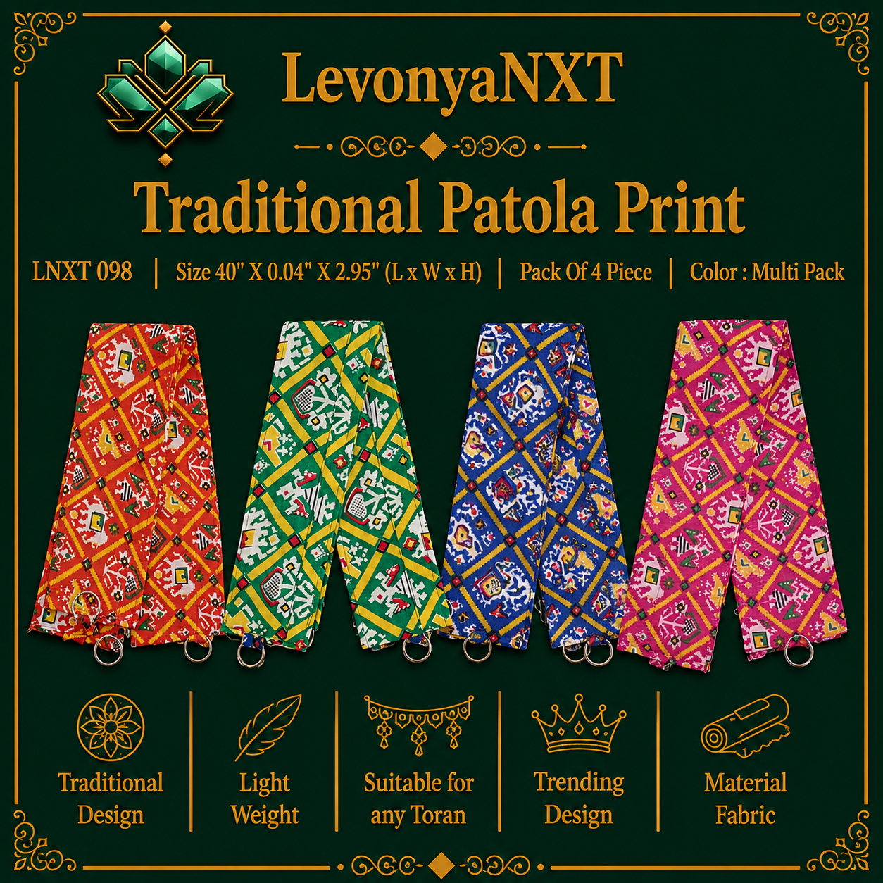 LNXT 098 Traditional Patola Print Toran Base | Pack of 4 Mix Pcs | Trending Beauty 1 LevonyaNXT LNXT 098 Traditional Patola Print toran base in red green blue and pink with hanging rings pack of 4 pieces