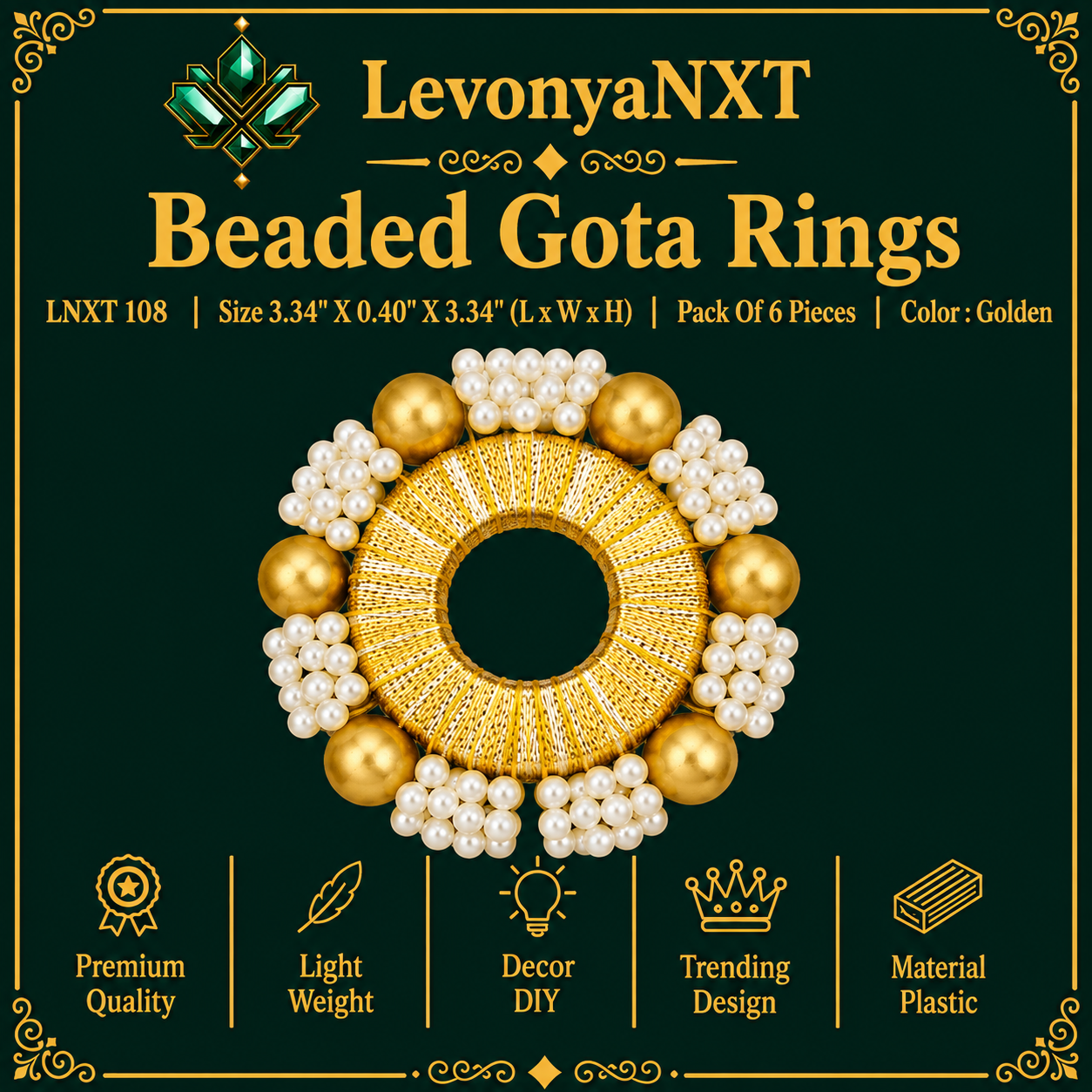 LNXT 0108 Beaded Gota Rings | Pack Of 6 Pieces | Flawless adorable Golden 1 LevonyaNXT LNXT 108 Beaded Gota Rings wrapped in golden ribbon with pearl border pack of 6 pieces