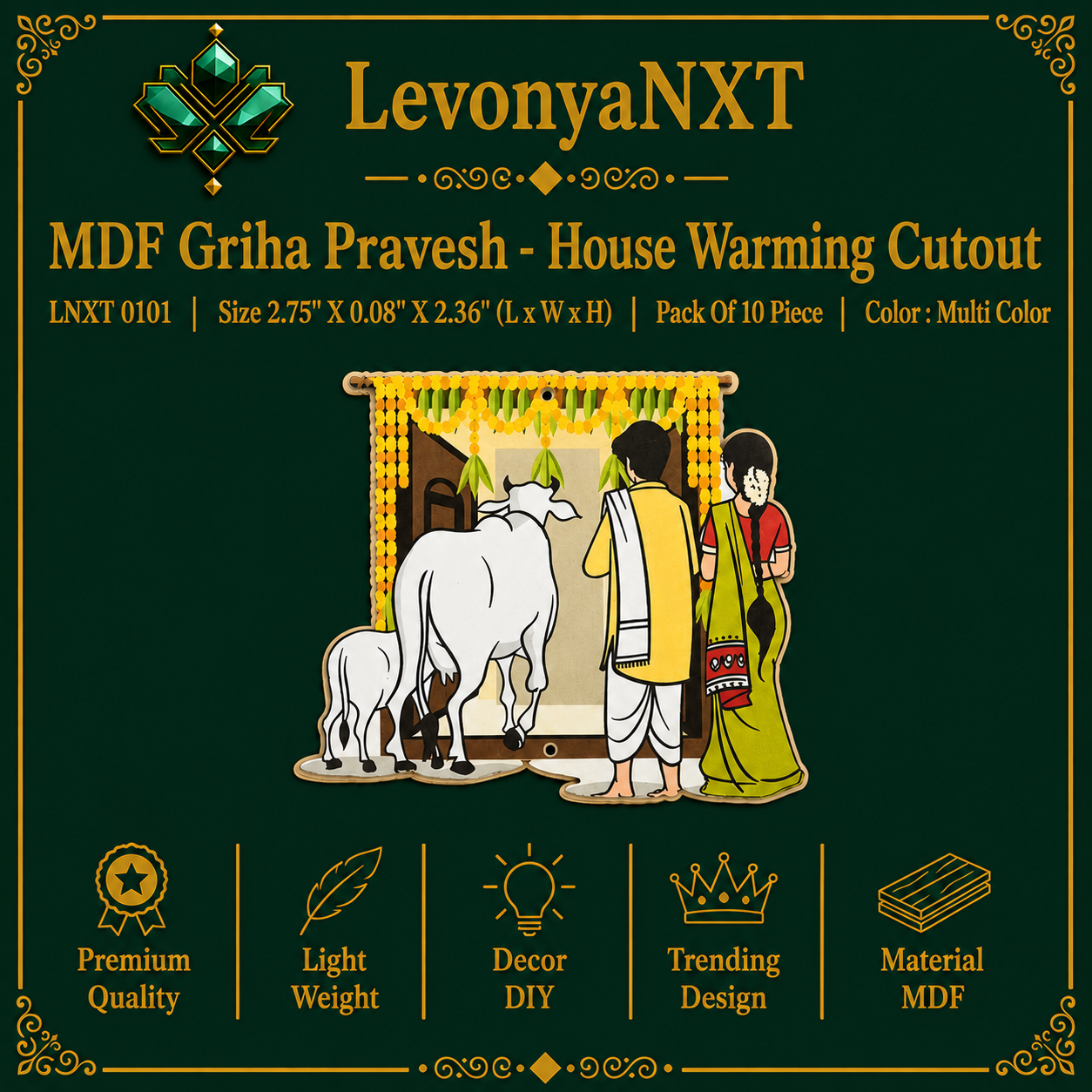 LNXT 0101 Auspicious MDF Griha Pravesh House Warming Cutout | Pack of 10 Pieces | Spiritual 1 LevonyaNXT LNXT 0101 MDF Griha Pravesh - House Warming Cutout depicting couple with cow and calf in decorated doorway pack of 10 pieces