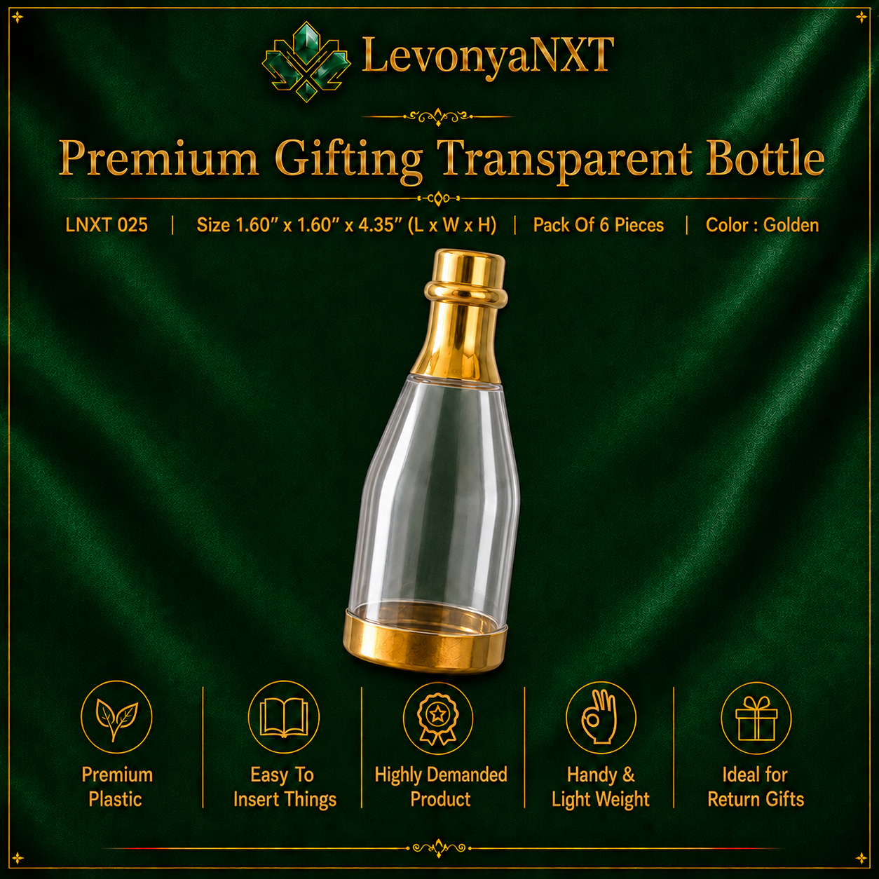 LNXT 025 Premium Gifting Transparent Bottle | Signature Exquisite Pack of 6 Pieces 1 LevonyaNXT Premium Gifting Transparent Bottle Pack of 6 golden favor bottles for return gifts LNXT 025