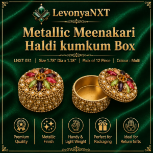 LNXT 031 Metallic Meenakari Haldi Kumkum Box Pack of 12 Pieces golden multi-color containers for return gifts