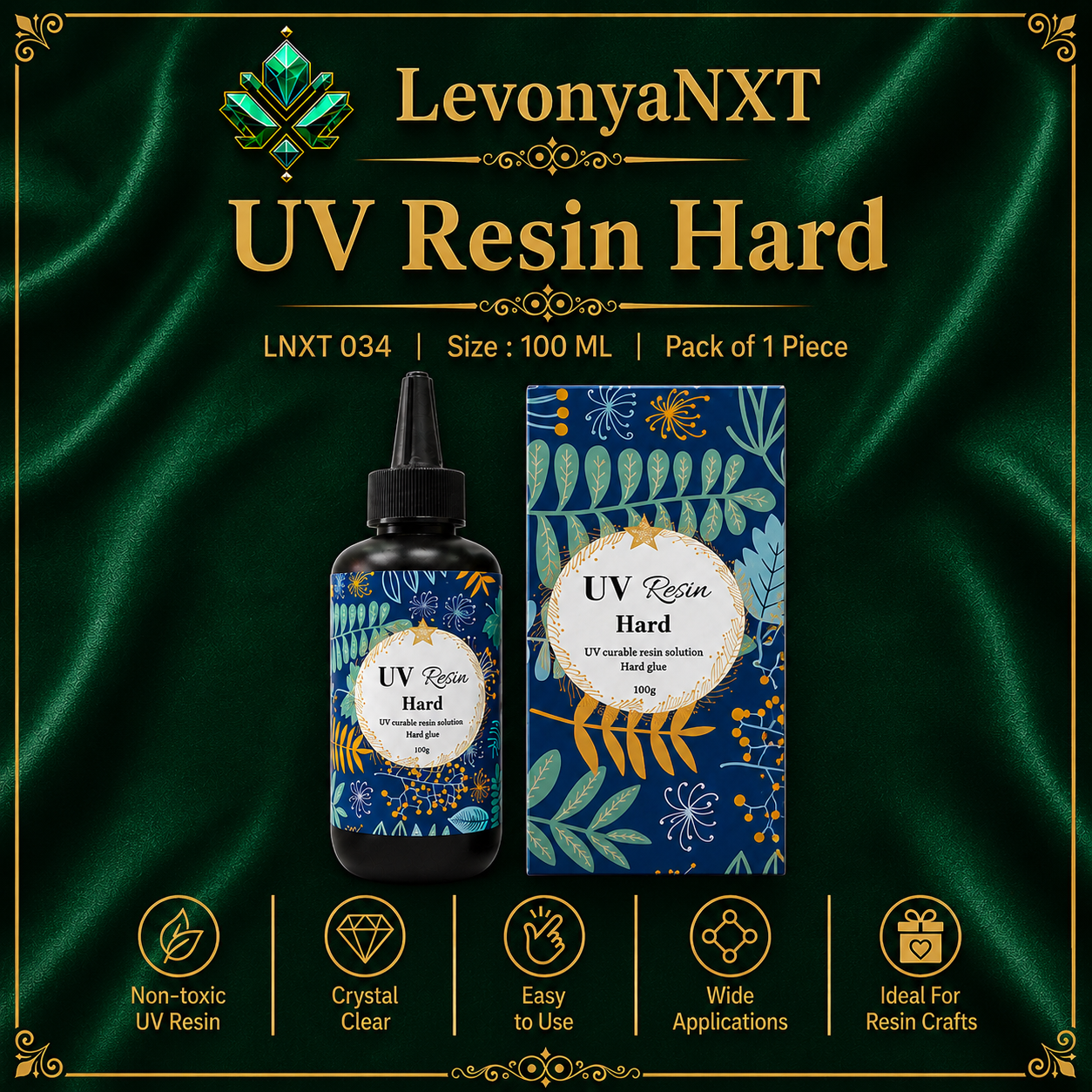 LNXT 034 UV Resin Hard | Pro Collection Flawless Clear Pack of 1 Piece 1 LevonyaNXT LNXT 034 UV Resin Hard 100 ML bottle with box for fast curing crystal clear jewelry making and crafts