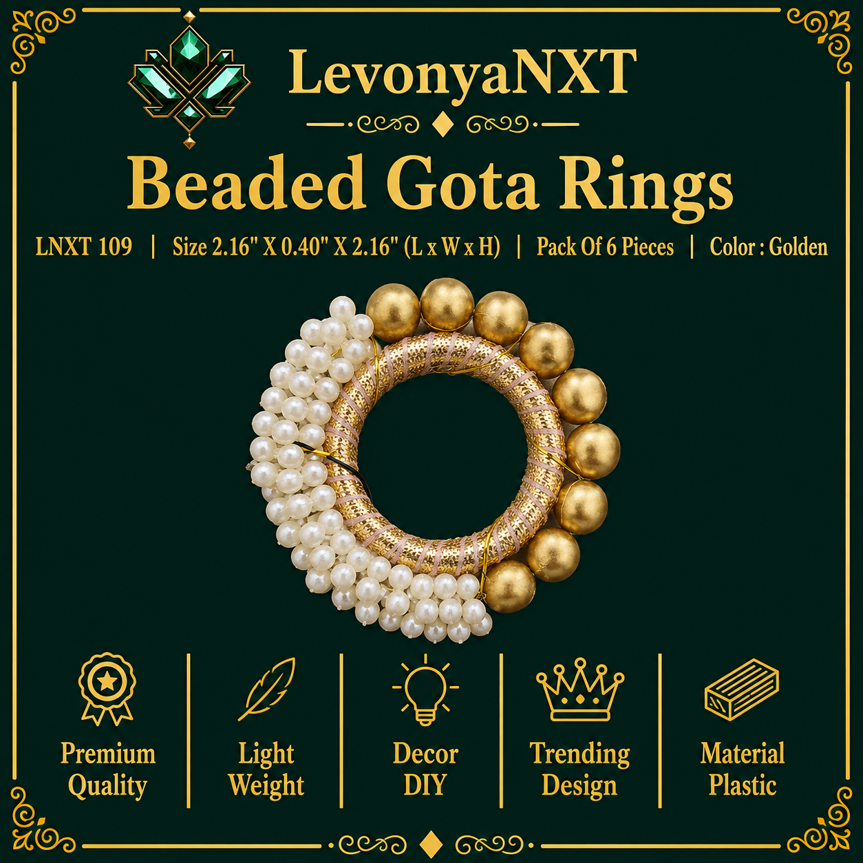 LNXT 0109 Beaded Gota Rings | Pack Of 6 Pieces | Color : Golden | Stunning 1 LevonyaNXT LNXT 109 Beaded Gota Rings wrapped in golden ribbon with pearl and gold bead border pack of 6 pieces