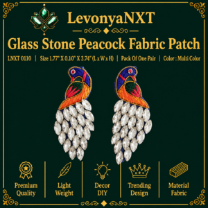 LNXT 0110 Glass Stone Peacock Fabric Patch multi color embroidered pair with clear crystal tail pack of one pair