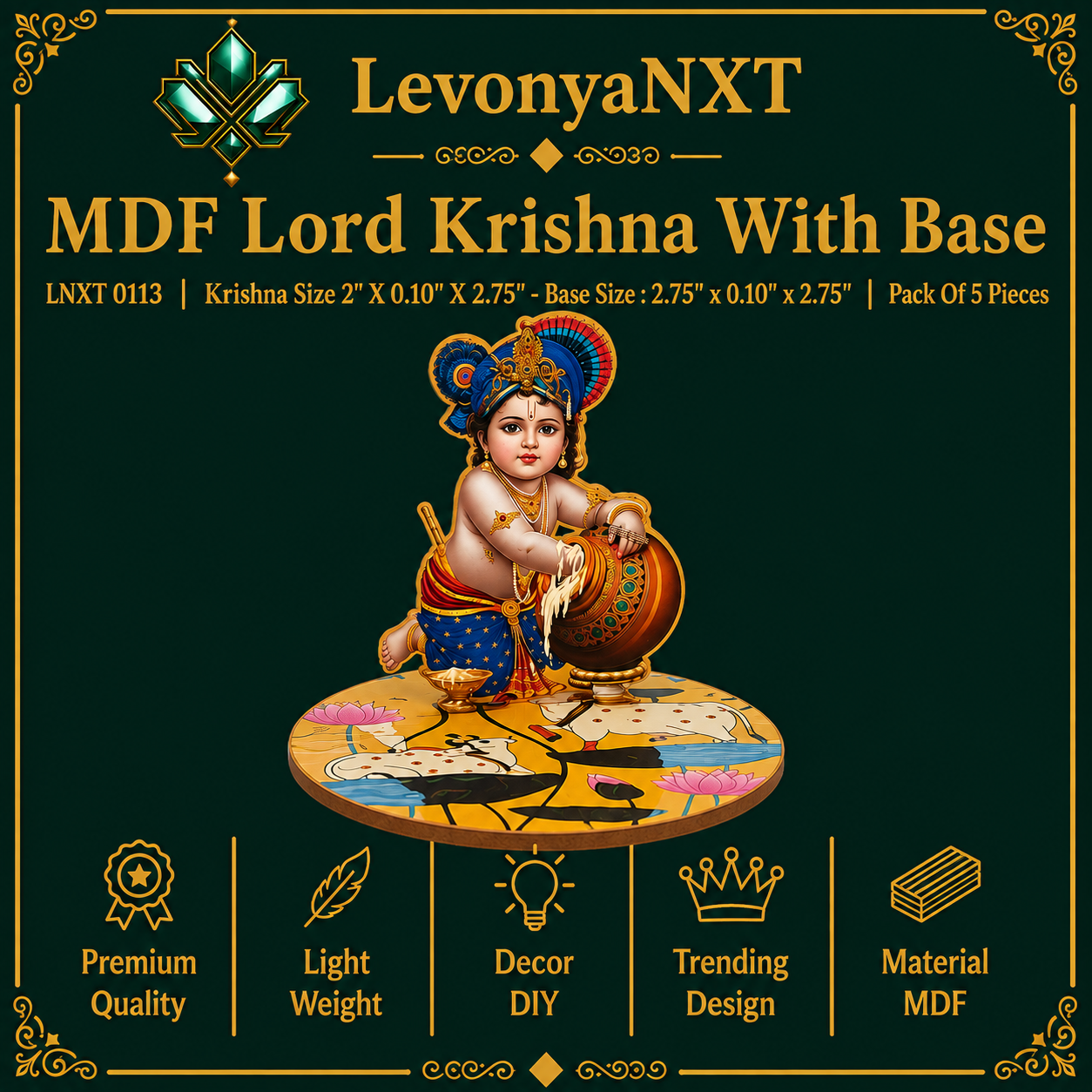 LNXT 0113 MDF Lord Krishna With Base | Pack Of 5 Pieces | Flawless & Spiritual 1 LevonyaNXT LNXT 0113 MDF Lord Krishna With Base laser cut standing figurine with Pichwai base pack of 5 pieces