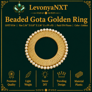 LNXT 0114 Beaded Gota Golden Ring wrapped in golden ribbon with pearl halo border pack of 6 pieces