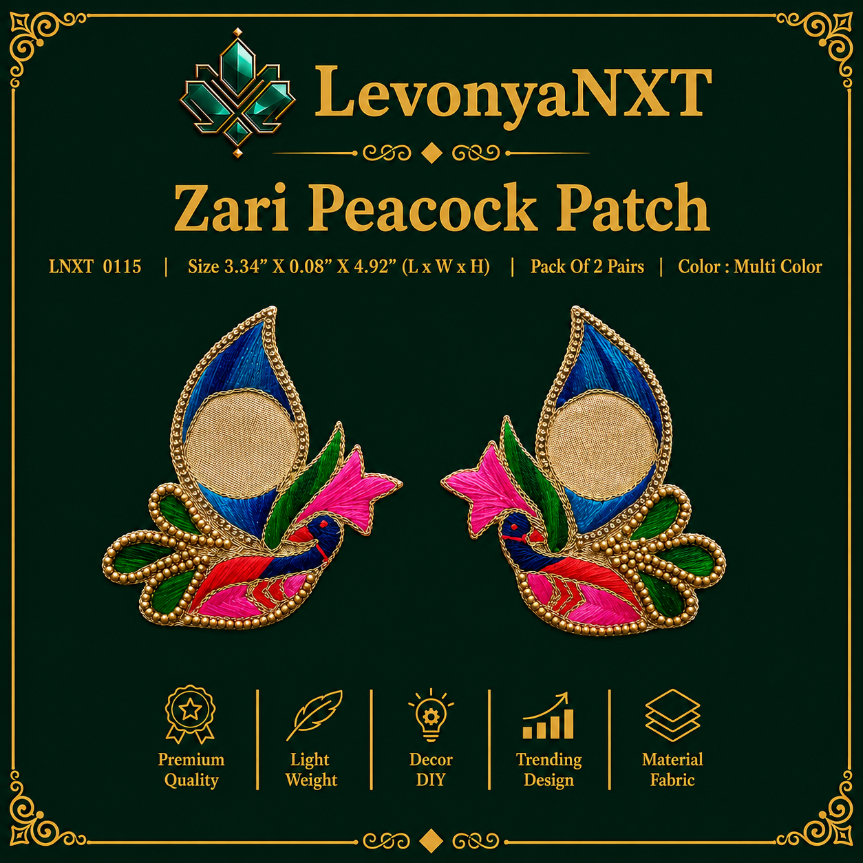 LNXT 0115 Zari Peacock Patch | Pack Of 2 Pairs | Breathtaking 1 LevonyaNXT LNXT 0115 Zari Peacock Patch multi color embroidered pair with golden zari dori pack of 2 pairs