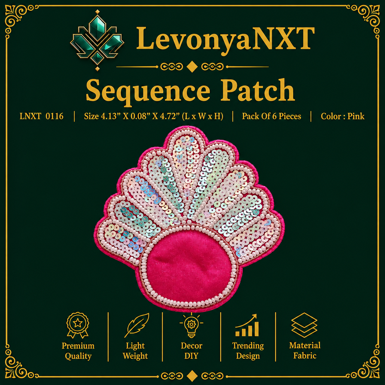 LNXT 0116 Sequence Fabric Patch | Pack Of 6 Pieces | Exquisite Collection 1 LevonyaNXT Sequence Patch with pink velvet center and shiny silver sequins pack of 6 pieces