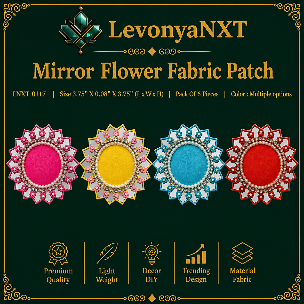 LNXT 0117 Mirror Flower Fabric Patch | Pack Of 6 Pieces | Stunning 1 LevonyaNXT LNXT 0117 Mirror Flower Fabric Patch round floral design with reflective glass and pearl border pack of 6 pieces