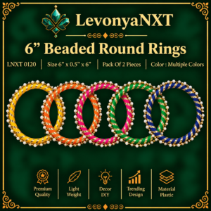 LNXT 0120 6 inch Beaded Round Rings wrapped in colorful ribbon with pearl border pack of 2 pieces