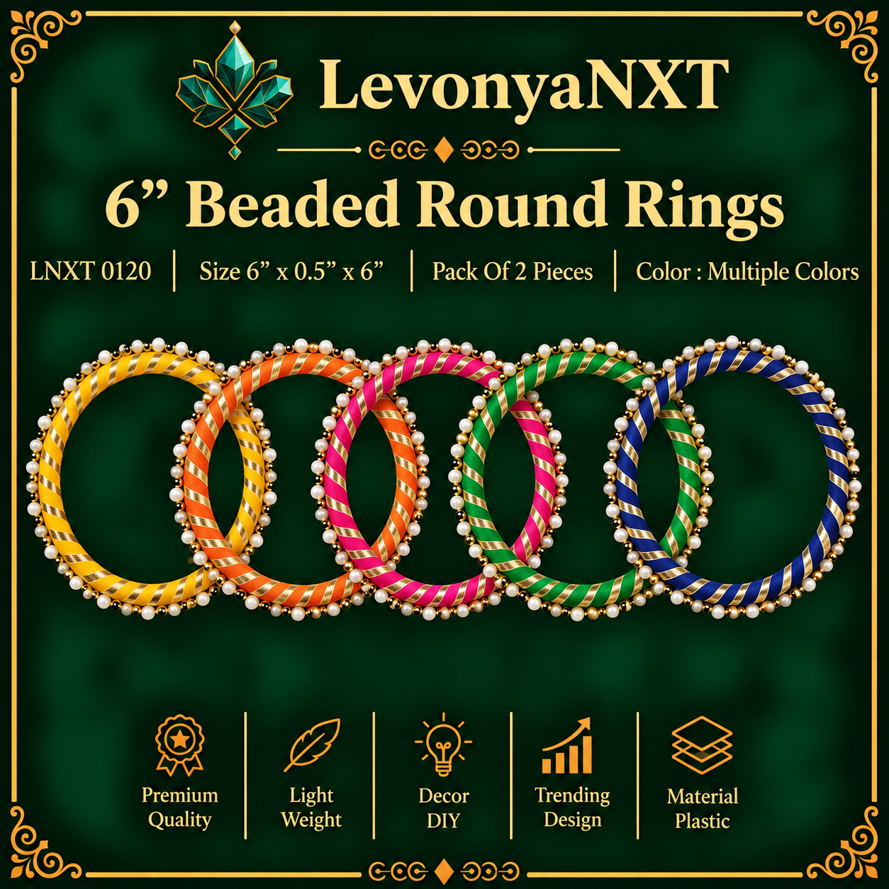 LNXT 0120 6" Beaded Round Rings | Pack Of 2 Pieces | Magnificent Collection 1 LevonyaNXT LNXT 0120 6 inch Beaded Round Rings wrapped in colorful ribbon with pearl border pack of 2 pieces