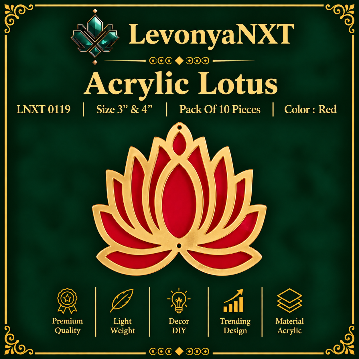 LNXT 0119 Acrylic Lotus Connectors | Pack Of 10 Pieces | Remarkable Collection 1 LevonyaNXT LNXT 0119 Acrylic Lotus dual tone gold and red laser cut hanging cutout pack of 10 pieces