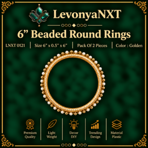 LNXT 0121 6 inch Beaded Round Rings wrapped in metallic gold thread with pearl border pack of 2 pieces