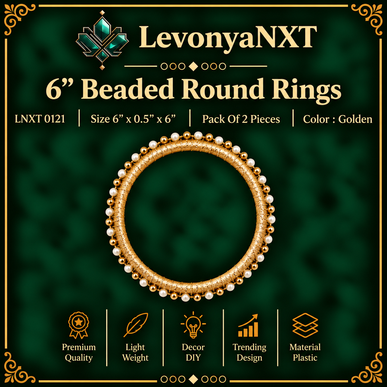 LNXT 0121 6" Beaded Round Rings | Pack Of 2 Pieces | Exquisite Collection 1 LevonyaNXT LNXT 0121 6 inch Beaded Round Rings wrapped in metallic gold thread with pearl border pack of 2 pieces