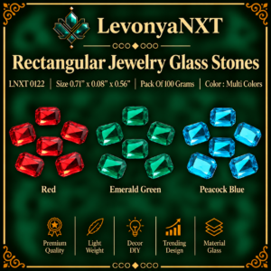 LNXT 0122 Rectangular Jewellery Glass Stones faceted flat back craft gems in red emerald green and peacock blue pack of 100 grams