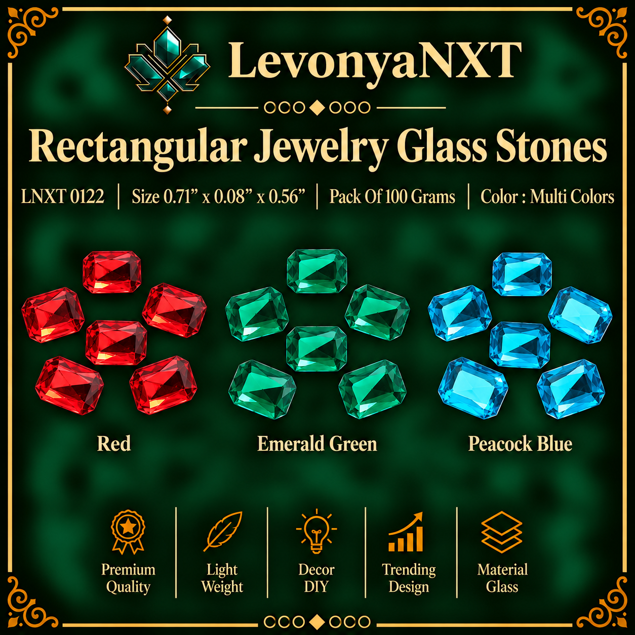 LNXT 0122B Rectangular Jewellery Glass Stones | Pack Of 100 Grams | Spectacular 1 LevonyaNXT LNXT 0122 Rectangular Jewellery Glass Stones faceted flat back craft gems in red emerald green and peacock blue pack of 100 grams