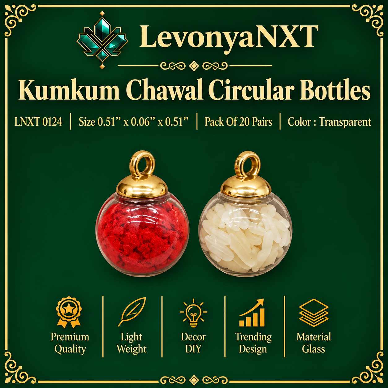 LNXT 0124 Kumkum Chawal Circular Bottles | Pack Of 20 Pairs | Breathtaking 1 LevonyaNXT LNXT 0124 Kumkum Chawal Circular Bottles clear mini glass globes with gold loop caps pack of 20 pairs