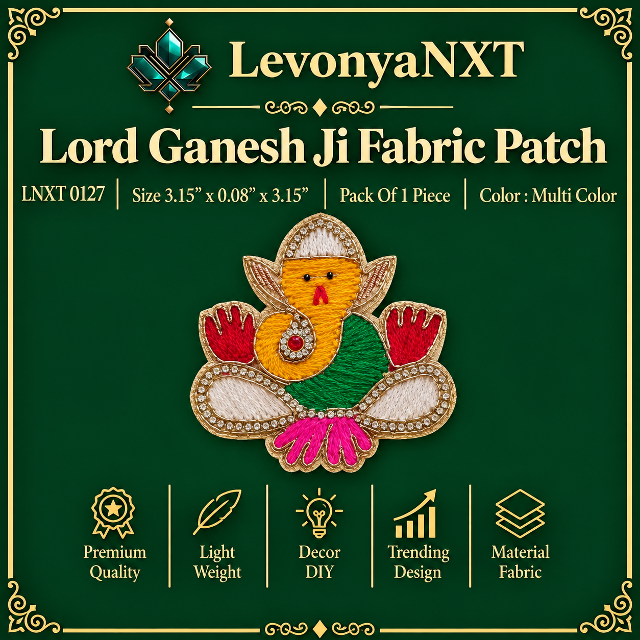 LNXT 0127 Lord Ganesh Ji Fabric Patch | Pack Of 1 Piece | Divine Spiritual 1 LevonyaNXT LNXT 0127 Lord Ganesh Ji Fabric Patch multi color silk embroidery and rhinestone applique pack of 1 piece