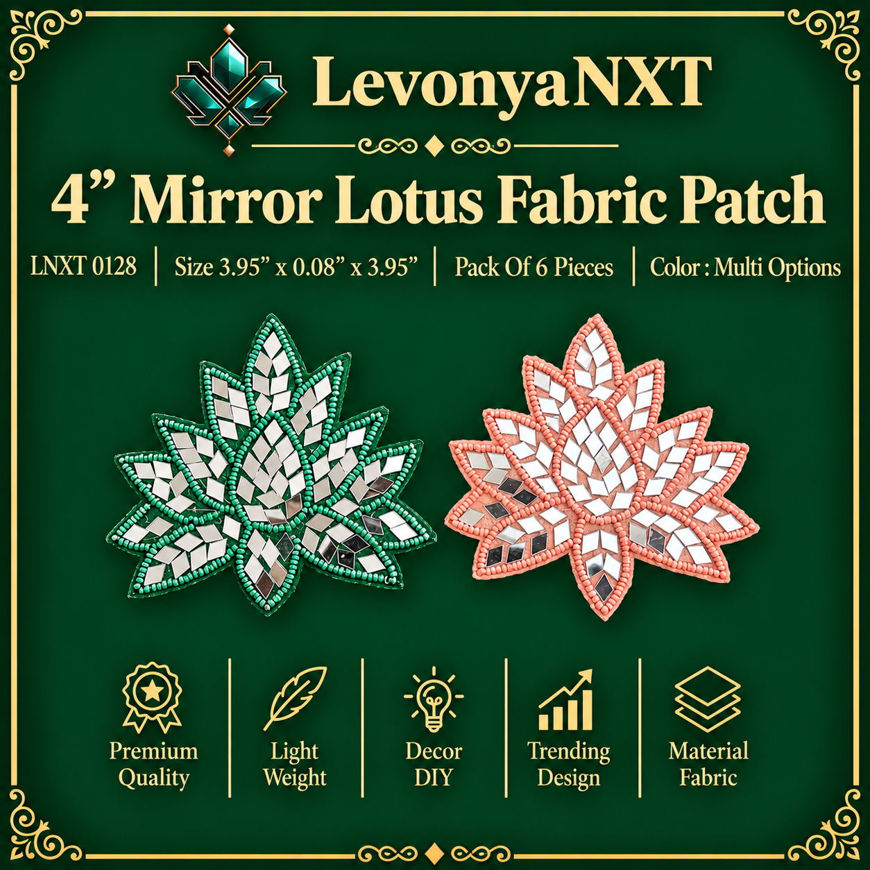LNXT 0128 4" Mirror Lotus Fabric Patch | Pack Of 6 Piece | Spectacular 1 LevonyaNXT LNXT 0128 4 inch Mirror Lotus Fabric Patch handcrafted glass mirror and seed bead applique in green and peach pack of 6 pieces