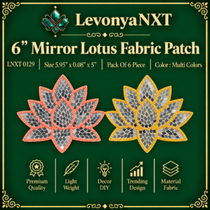 LNXT 0129 6 inch Big Mirror Lotus Fabric Patch handcrafted glass mirror and seed bead applique in peach and yellow pack of 6 pieces
