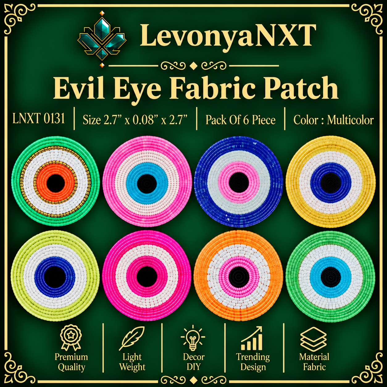 LNXT 0131 Evil Eye Fabric Patch | Pack Of 6 Piece | Magnificent Colors 1 LevonyaNXT LNXT 0131 Evil Eye Fabric Patch handcrafted round glass seed bead talisman applique in multiple colors pack of 6 pieces