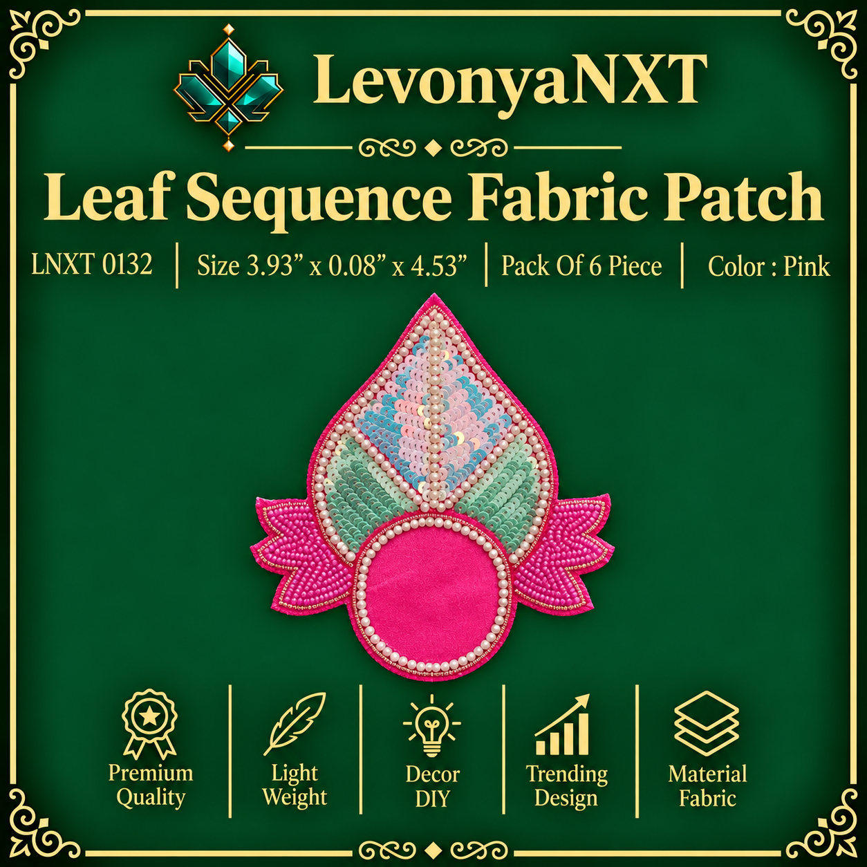 LNXT 0132 Leaf Sequence Fabric Patch | Pack Of 6 Piece | Spectacular 1 LevonyaNXT LNXT 0132 Leaf Sequence Fabric Patch handcrafted pastel sequin and pearl botanical applique in pink pack of 6 pieces