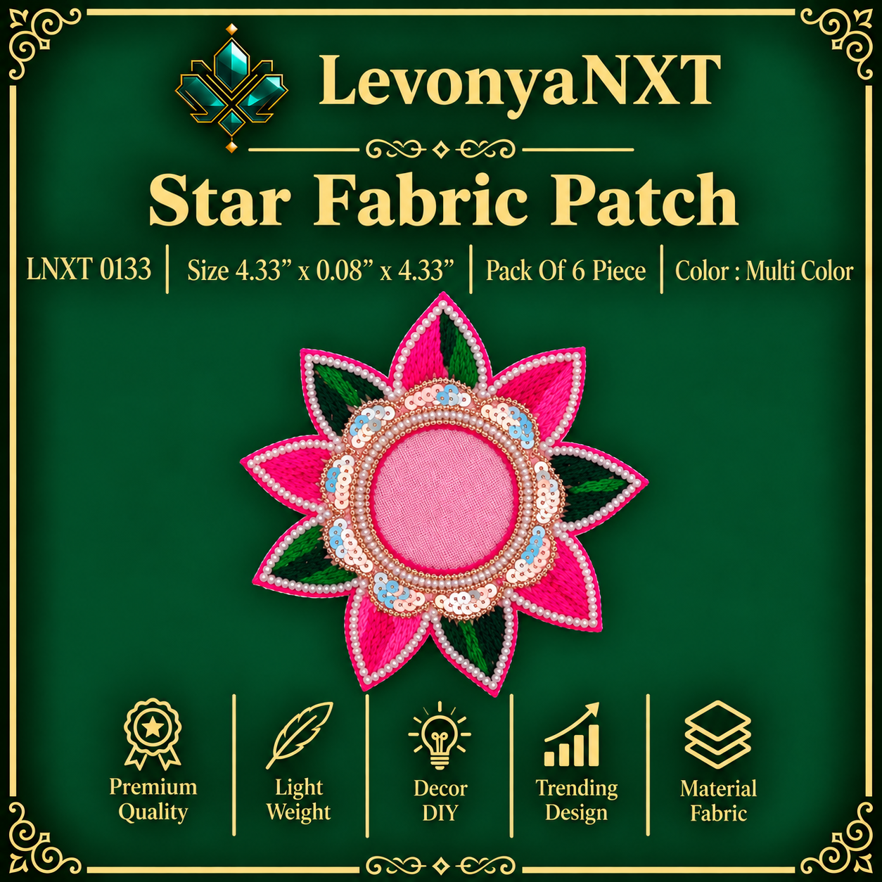 LNXT 0133 Star Fabric Patch | Pack Of 6 Piece | Spectacular Design 1 LevonyaNXT LNXT 0133 Star Fabric Patch handcrafted radiating silk and sequin floral applique in pink and green pack of 6 pieces