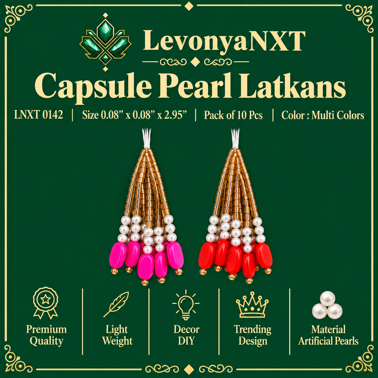 LNXT 0142 Capsule Pearl Latkans | Pack of 10 Pcs | Radiant Colors 1 LevonyaNXT LNXT 0142 Capsule Pearl Latkans handcrafted golden glass tube and pearl waterfall fringe tassels pack of 10 pieces