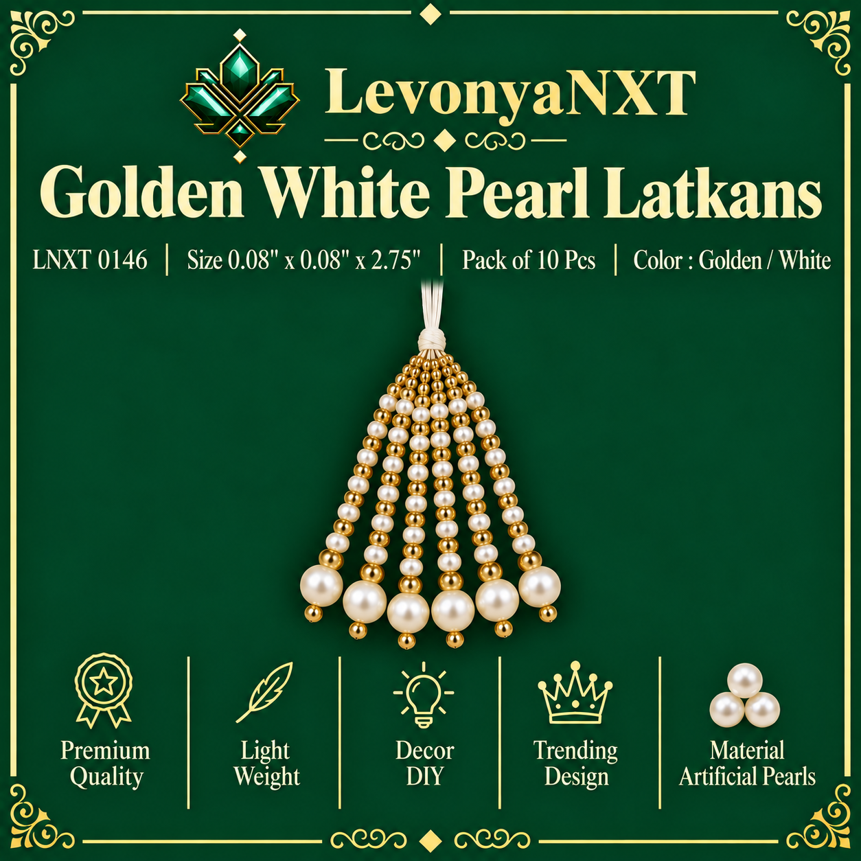 LNXT 0146 Golden White Pearl Latkans | Pack of 10 Pcs | Exquisite 1 LevonyaNXT LNXT 0146 Golden White Pearl Latkans handcrafted dual tone fringe waterfall tassels pack of 10 piece