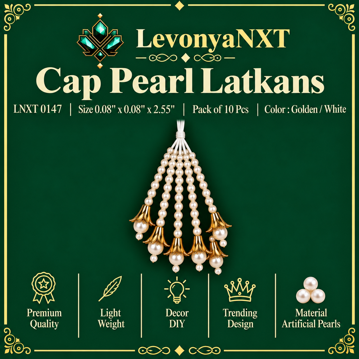 LNXT 0147 Cap Pearl Latkans | Pack of 10 Pcs | Majestic Beauty 1 LevonyaNXT LNXT 0147 Cap Pearl Latkans handcrafted metallic flower bell and pearl waterfall fringe tassels pack of 10 pieces