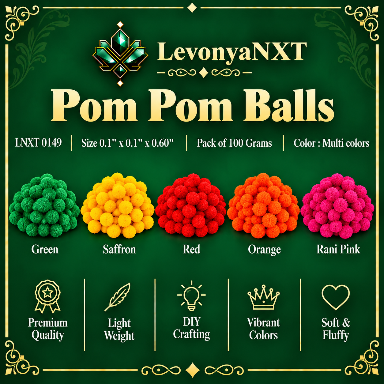 LNXT 0149 PomPom Balls | Pack of 100 Grams | Vibrant Shades 1 LevonyaNXT LNXT 0149 PomPom Balls multi color fluffy yarn balls in green saffron red orange and rani pink pack of 100 grams