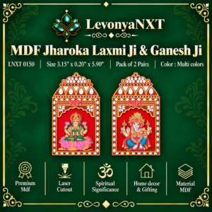 LNXT 0150 MDF Jharoka Laxmi Ji and Ganesh Ji laser cut wooden arched devotional plaques pack of 2 pairs