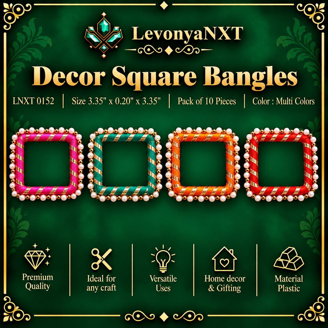 LNXT 0152 Decor Square Bangles | Pack of 10 Pieces | Charming 1 LevonyaNXT LNXT 0152 Decor Square Bangles handcrafted silk thread metallic gota ribbon and pearl craft rings pack of 10 pieces