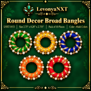 LNXT 0153 Round Decor Broad Bangles handcrafted silk thread metallic gota ribbon and dual pearl gold beads pack of 10 pieces