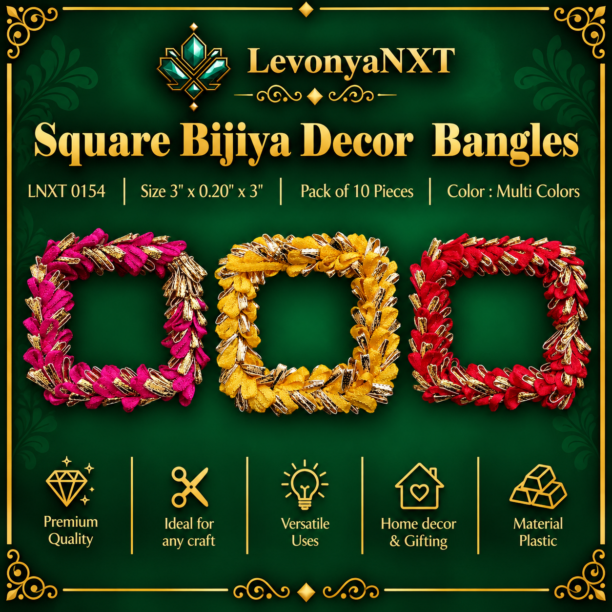 LNXT 0154 Square Bijiya Decor Bangles | Pack of 10 Pieces | Charming 1 LevonyaNXT LNXT 0154 Square Bijiya Decor Bangles handcrafted ruffled zigzag gota lace craft rings in magenta yellow and red pack of 10 pieces
