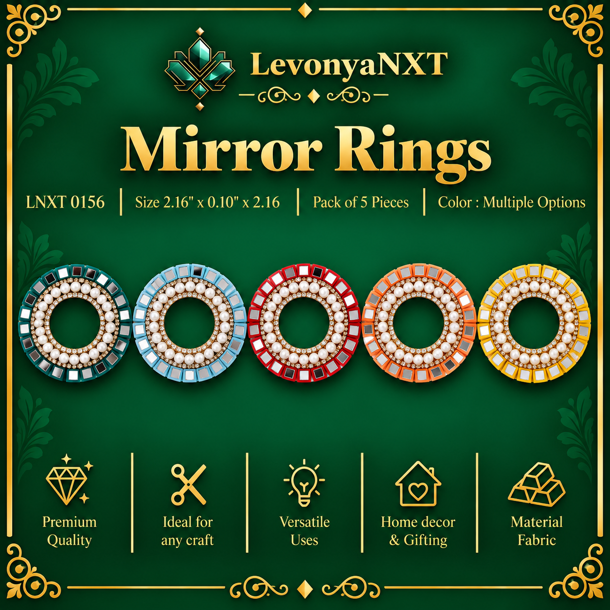 LNXT 0156 Mirror Rings | Pack of 5 Pieces | Radiant 1 LevonyaNXT LNXT 0156 Mirror Rings handcrafted glass mirror faux pearl and rhinestone craft rings pack of 5 pieces