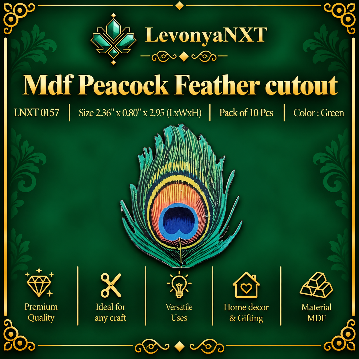 LNXT 0157 MDF Peacock Feather Cutout | Pack of 10 Pcs | Exquisite 1 LevonyaNXT LNXT 0157 MDF Peacock Feather Cutout laser cut wooden Mor Pankh plaques in green and royal blue pack of 10 pieces