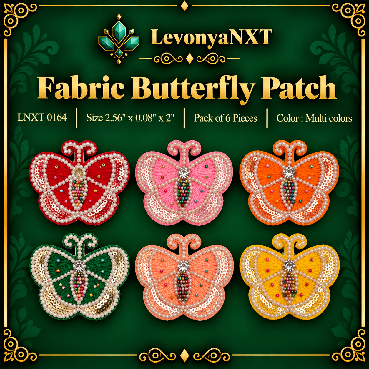 LNXT 0164 Fabric Butterfly Patch | Pack of 6 Pieces | Charming 1 LevonyaNXT LNXT 0164 Fabric Butterfly Patch handcrafted silk thread sequin and pearl butterfly appliques pack of 6 pieces in multi colors