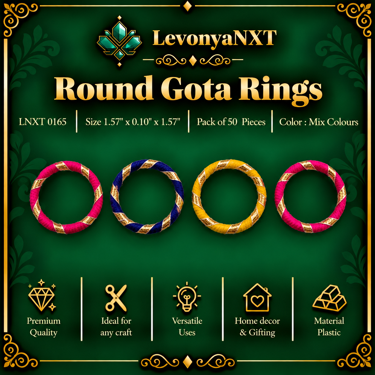 LNXT 0165 Round Gota Rings | Pack of 50 Pieces | Sparkling Beauty 1 LevonyaNXT LNXT 0165 Round Gota Rings handcrafted silk thread and metallic gota ribbon craft rings pack of 50 pieces in mix colours