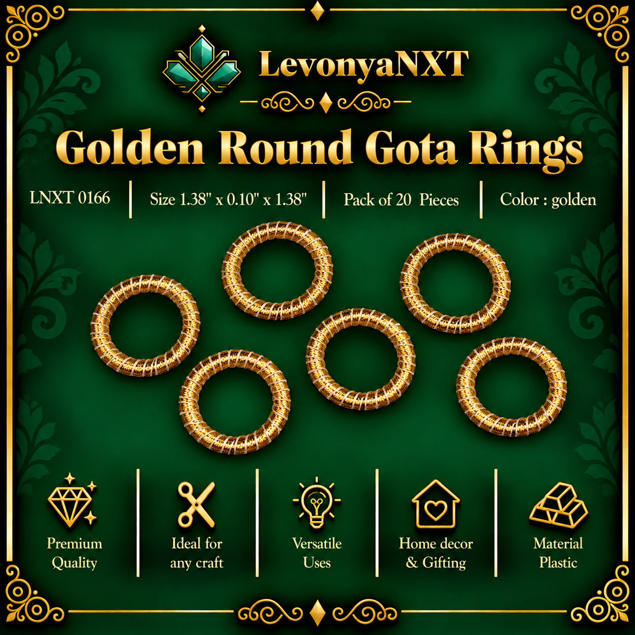 LNXT 0166 Golden Gota Rings | Pack of 20 Pieces | Radiant 1 LevonyaNXT LNXT 0166 Golden Gota Rings handcrafted metallic gold gota ribbon craft rings pack of 20 pieces