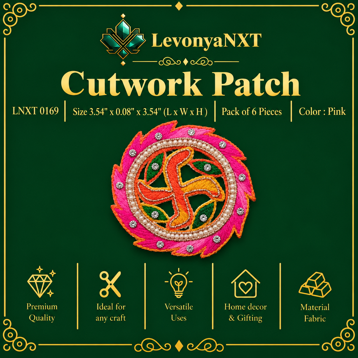 LNXT 0169 Swastik Cutwork Fabric Patches | Pack of 6 Pieces | Auspicious Beauty 1 LevonyaNXT Main Product Image: LNXT 0169 Pink Swastik Cutwork fabric patches handcrafted embroidered pearl and stone motifs pack of 6 pieces