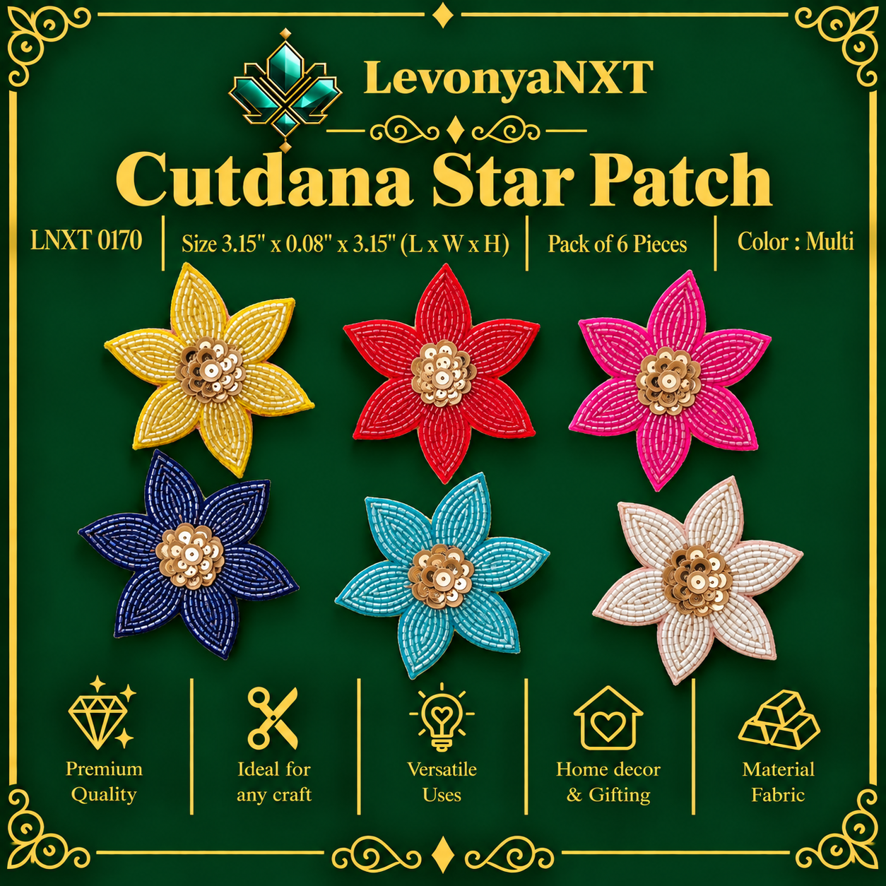 LNXT 0170 Cutdana Star Fabric Patch | Pack of 6 Pieces | Exquisite 1 LevonyaNXT Main Product Image: LNXT 0170 Cutdana Star Fabric Patch handcrafted glass cutdana and sequin star motifs pack of 6 pieces in multi colors