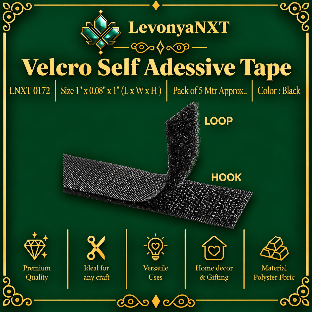 LNXT 0172 Self Adhesive Velcro Tape | Approx. 5 Meters Roll | Durable Quality 1 LevonyaNXT Main Product Image: LNXT 0172 Self Adhesive Velcro Tape black hook and loop 1 inch continuous roll 5 meters for tailoring and crafts