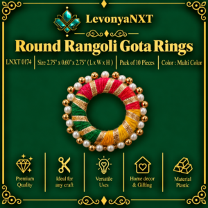 Main Product Image: LNXT 0174 Round Rangoli Gota Rings handcrafted multi-color thread and alternating pearl gold bead border craft rings pack of 10 pieces