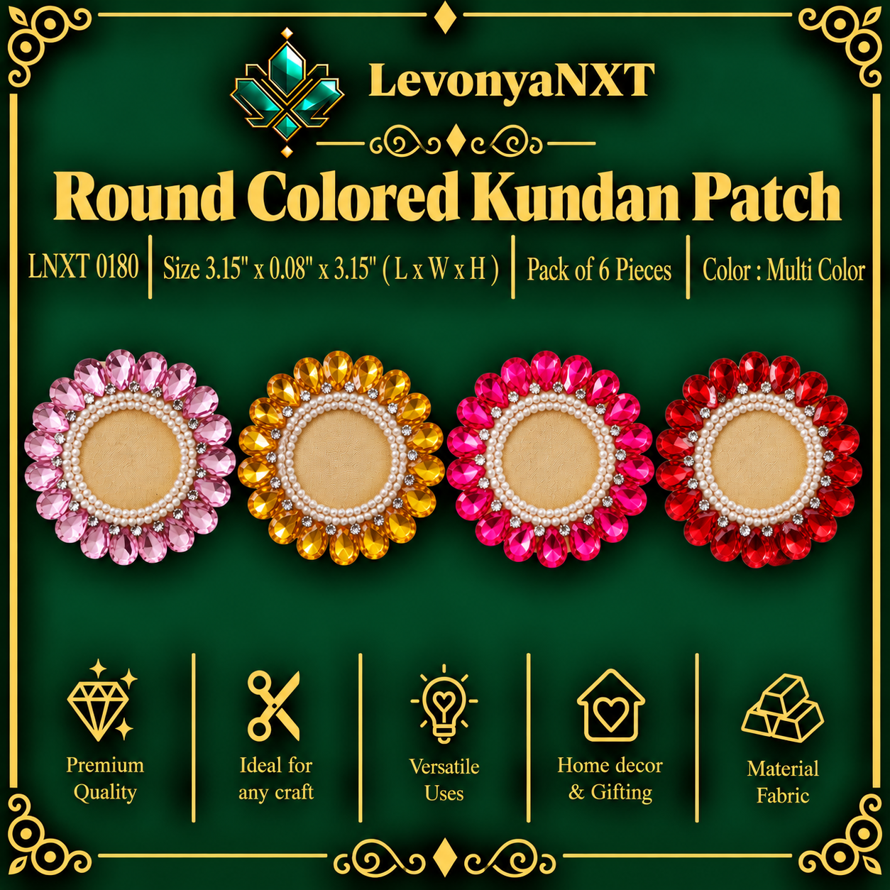 LNXT 0180 Round Colored Kundan Patch | Pack of 6 Pieces | Royal Beauty 1 LevonyaNXT Main Product Image: LNXT 0180 Round Colored Kundan Patch handcrafted jeweled kundan and faux pearl circular motifs pack of 6 pieces in multi colors