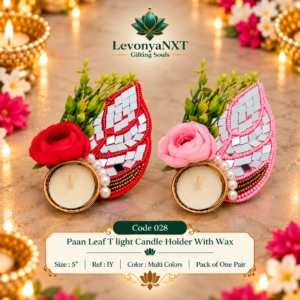 YS 028 Paan Leaf Tlight candle holder with wax handcrafted betel leaf mirror mosaic and rose flower diya stand pack of one pair