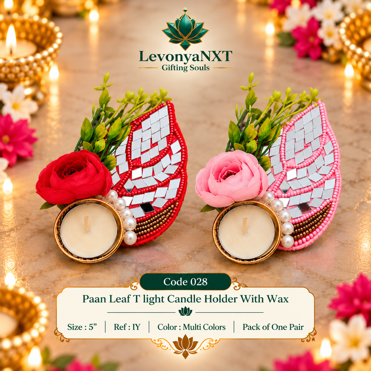 YS 028 Paan Leaf Tlight Candle Holder with Wax | Pack of One Pair | Festive 1 LevonyaNXT YS 028 Paan Leaf Tlight candle holder with wax handcrafted betel leaf mirror mosaic and rose flower diya stand pack of one pair