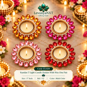Main Product Image: YS 029 Kundan Stone Tlight candle holder with wax handcrafted kundan gemstone and pearl border diya stand pack of one pair